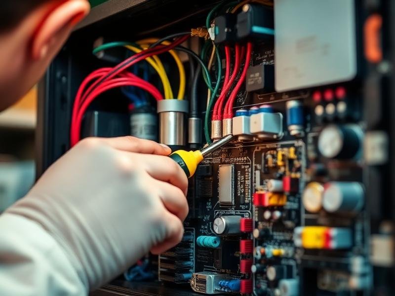 TV Sound Distortion — television being checked by a repair technician
