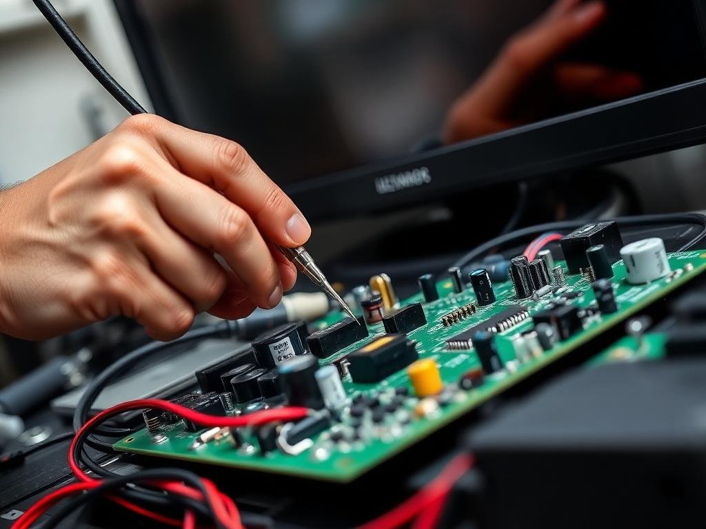 Close-up of television circuit board repair work on a service bench