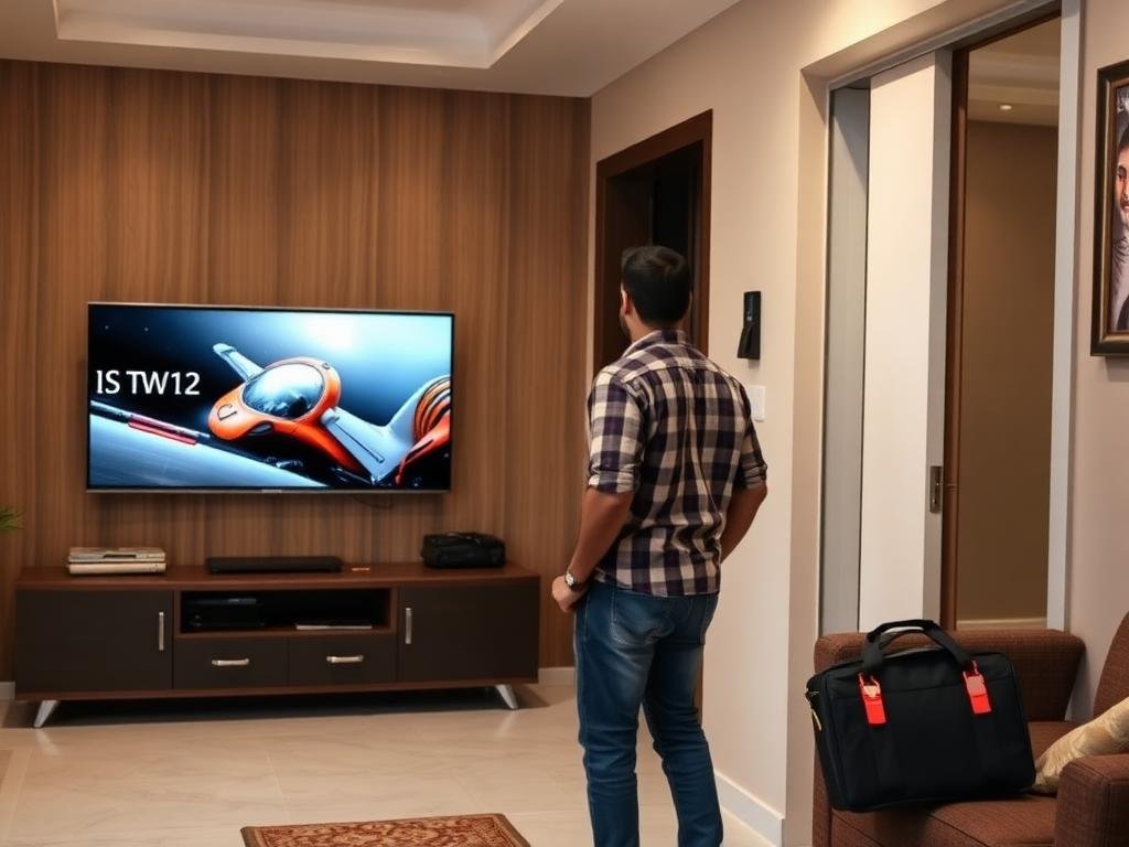 TV technician arriving at a customer home in Visakhapatnam with a tool bag