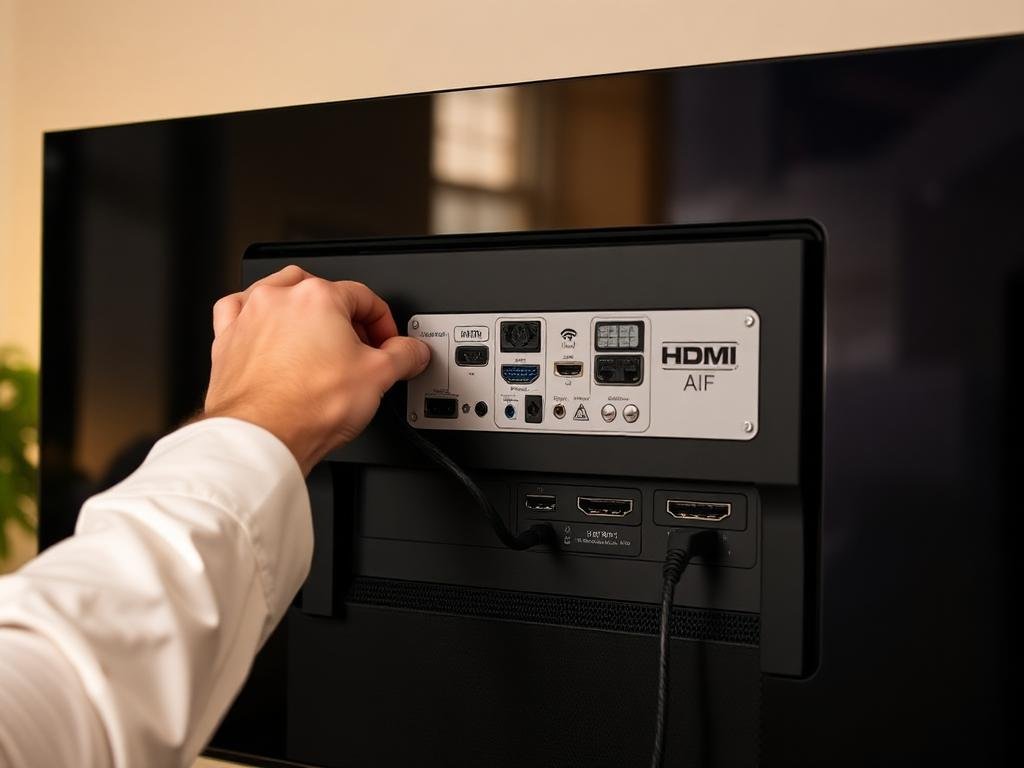 Technician checking HDMI and network ports on a Smart TV